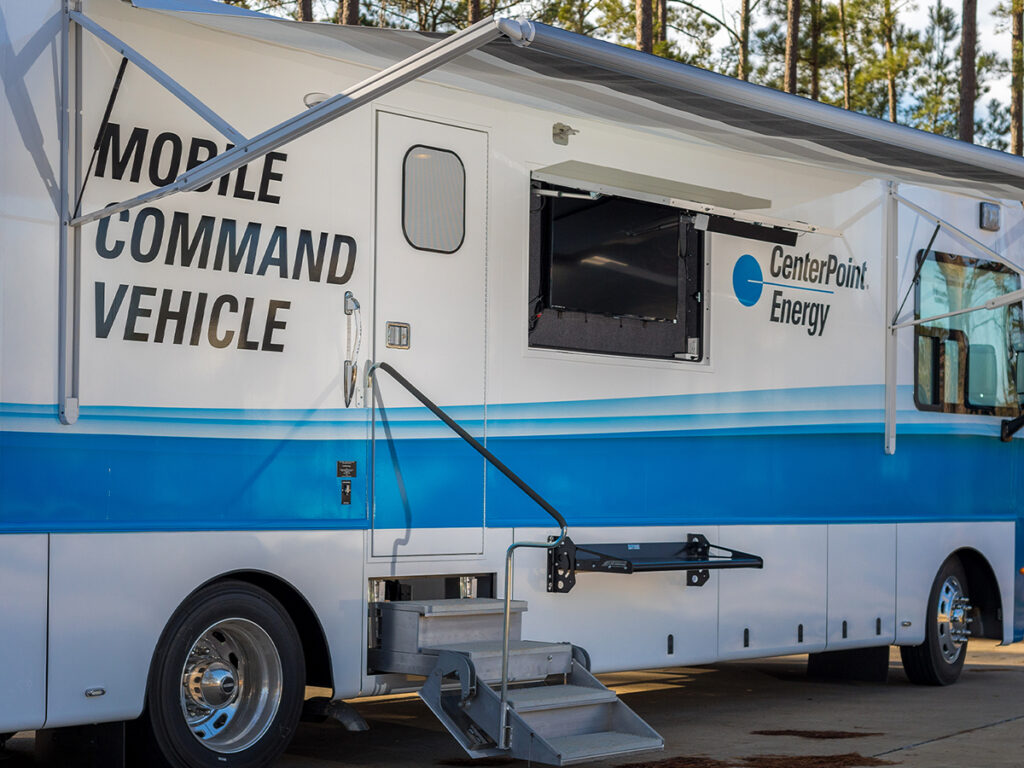 Mobile command vehicle exterior with stairs and awning