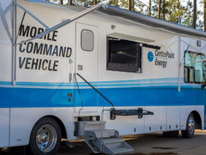 Mobile command vehicle exterior with stairs and awning