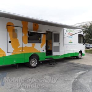 White, orange, and green children's mobile health clinis