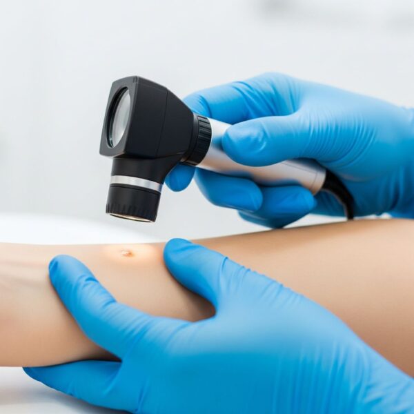 A dermatoscope examining a mole on an arm.