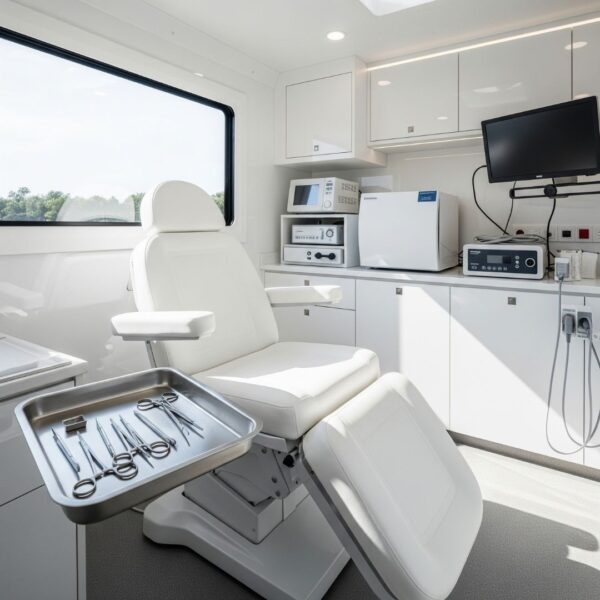 The interior of a mobile surgery coach for dermatology.