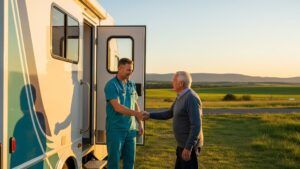 A mobile medical unit in a remote, rural setting.