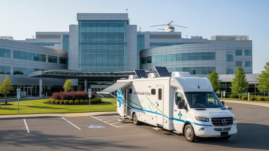 A modern, custom mobile medical unit parked in front of a hospital.