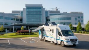 A modern, custom mobile medical unit parked in front of a hospital.