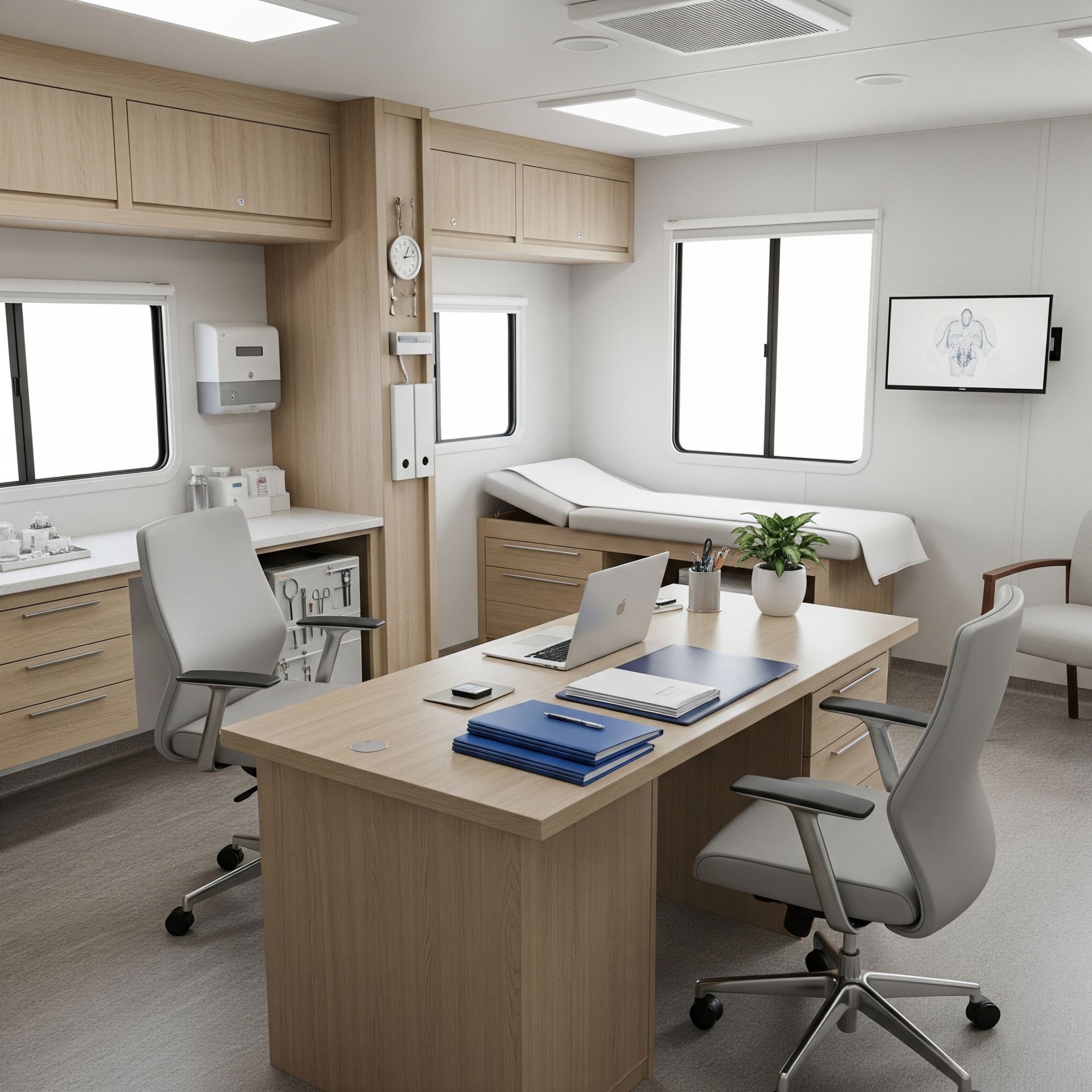 A welcoming patient consultation room inside a mobile medical clinic.