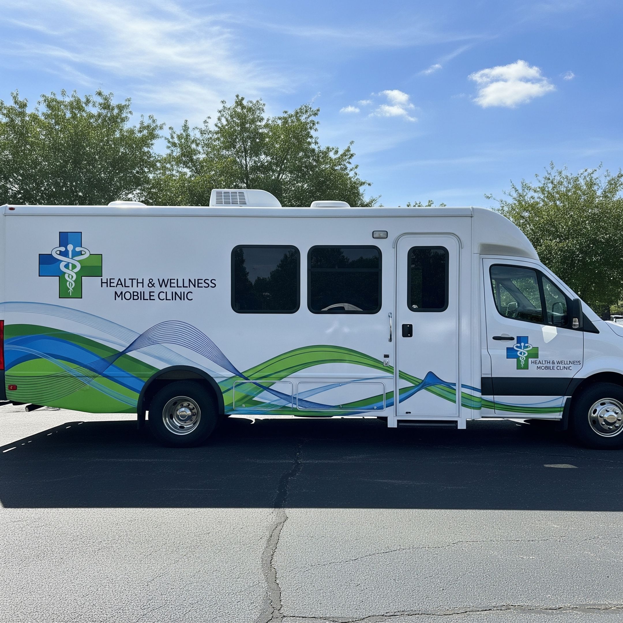 The exterior of a mobile medical vehicle with custom branding.