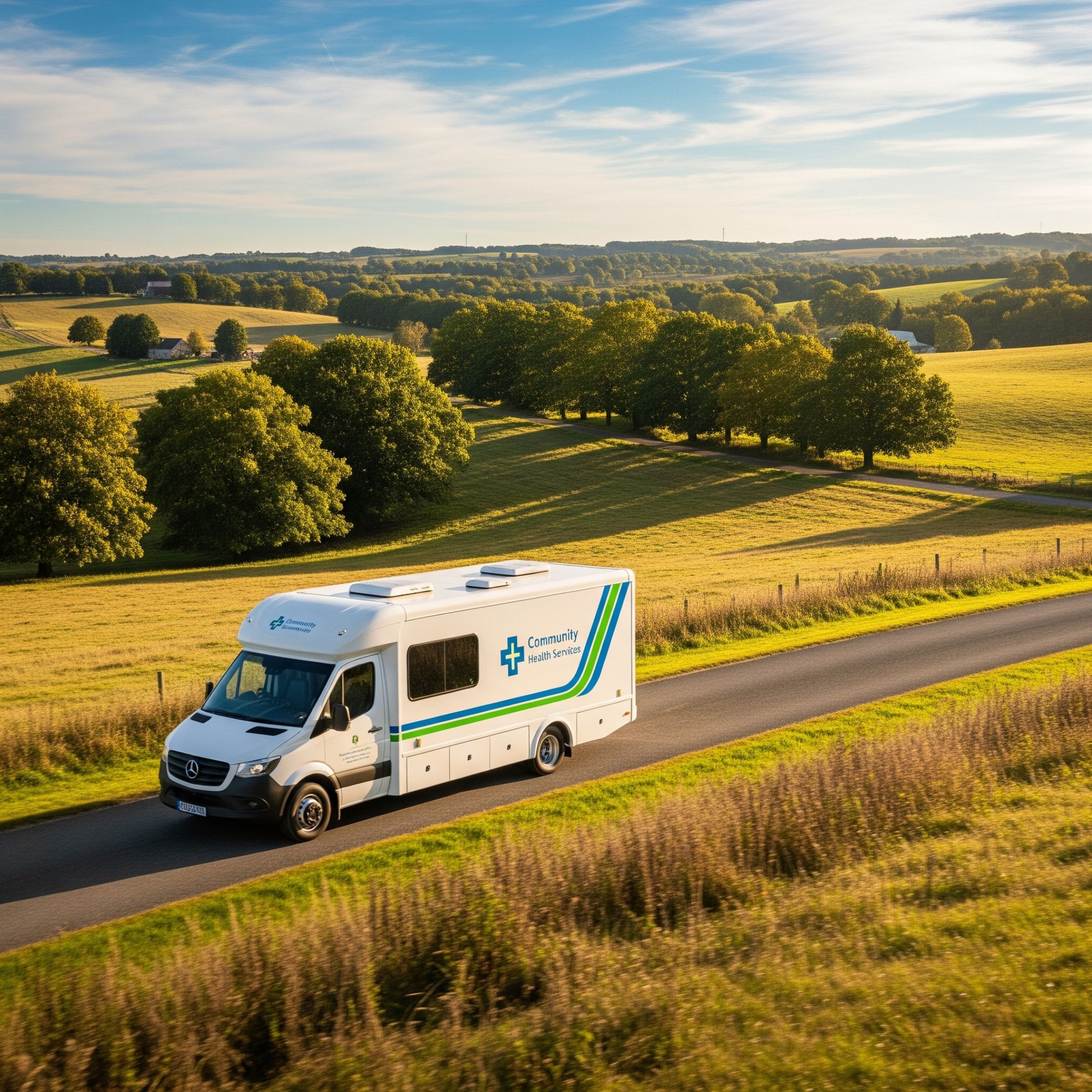 a mobile healthcare vehicle driving to a rural area