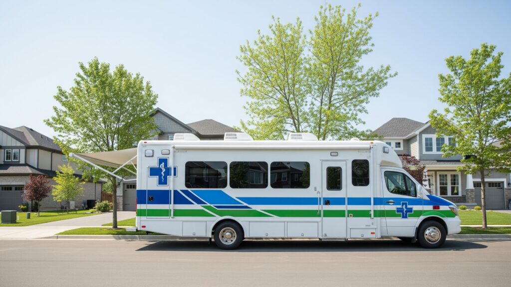 A modern mobile medical unit from Mobile Specialty Vehicles parked in a bright, suburban setting.