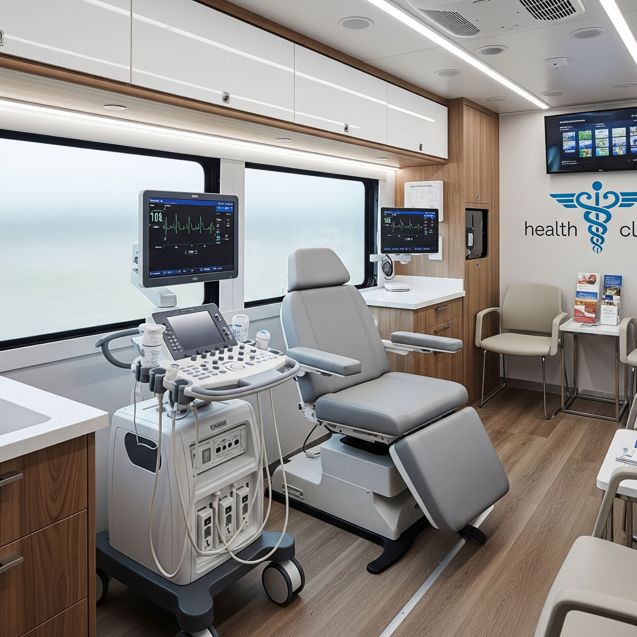 The clean and modern interior of a well-equipped mobile medical clinic.