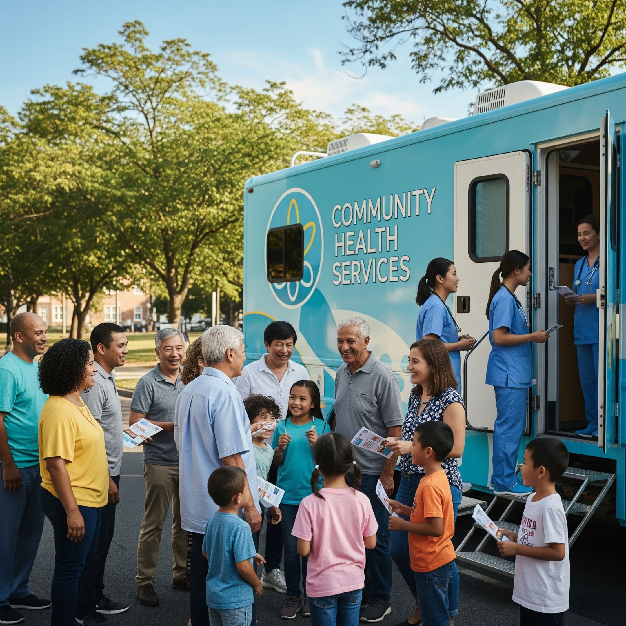 A diverse group of people smiling outside a community mobile health clinic.