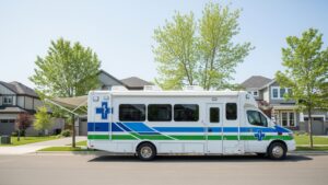A modern mobile medical unit from Mobile Specialty Vehicles parked in a bright, suburban setting.