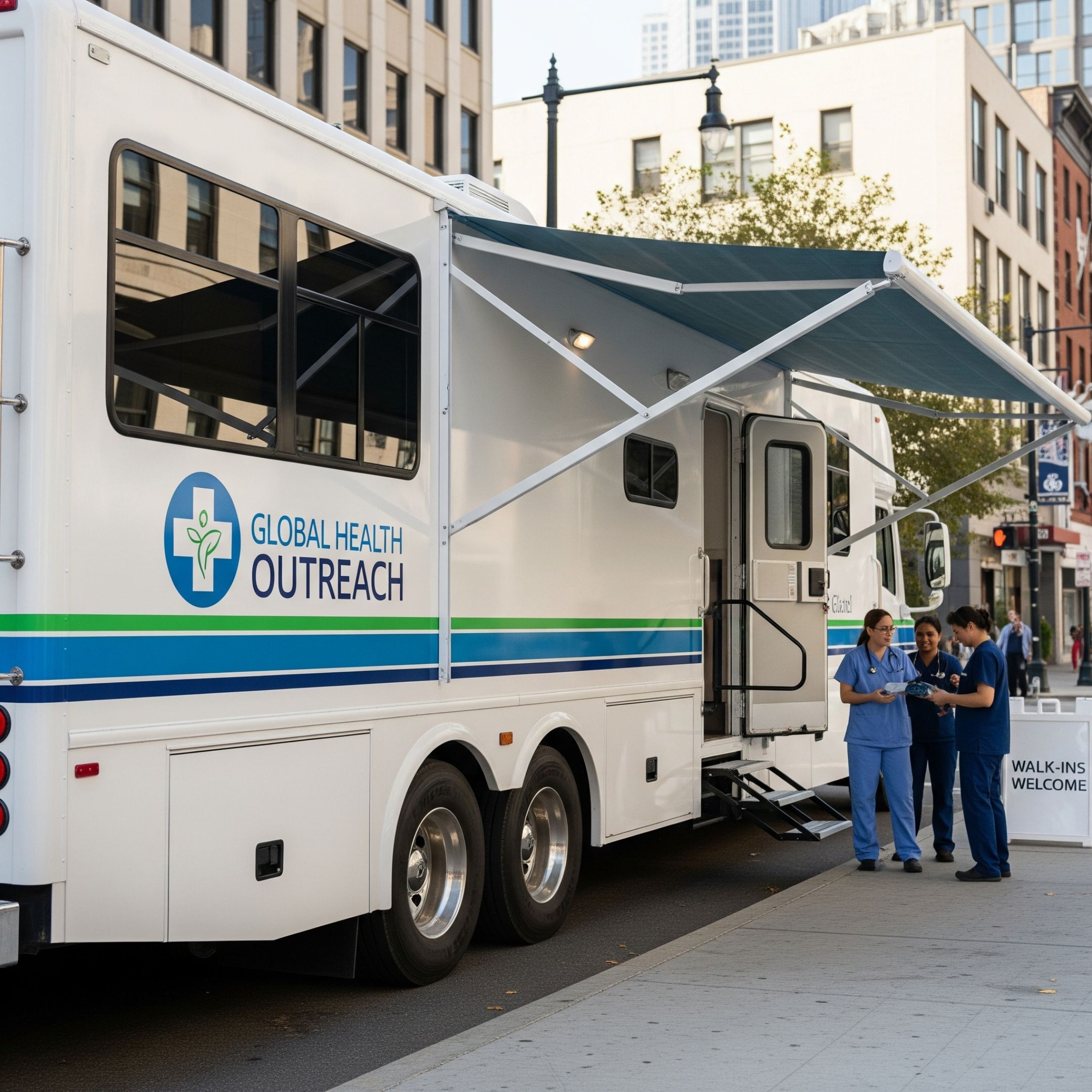 A photorealistic image of a modern mobile medical unit parked on a city street.