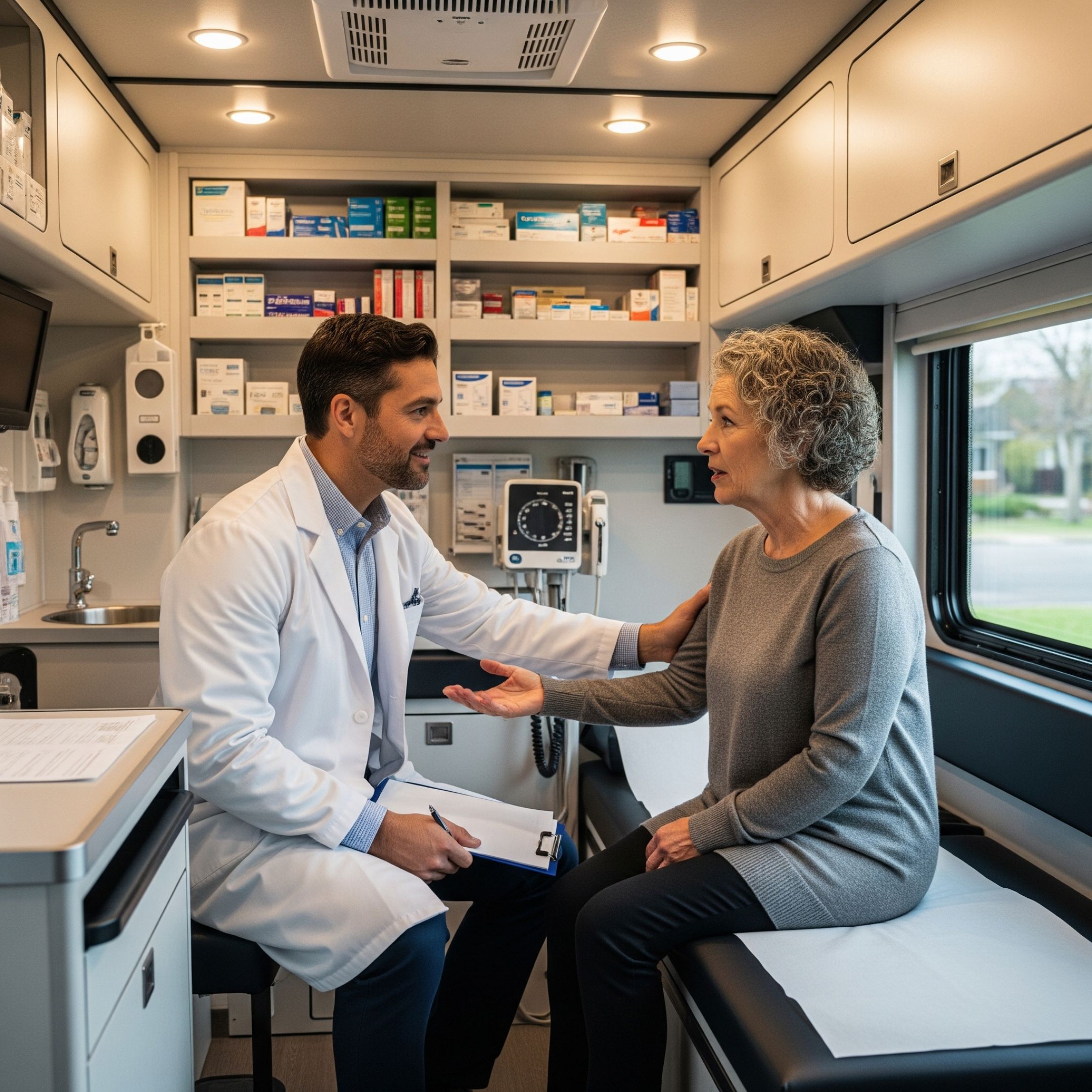 A compassionate doctor inside a mobile medical unit discusses care with a patient.