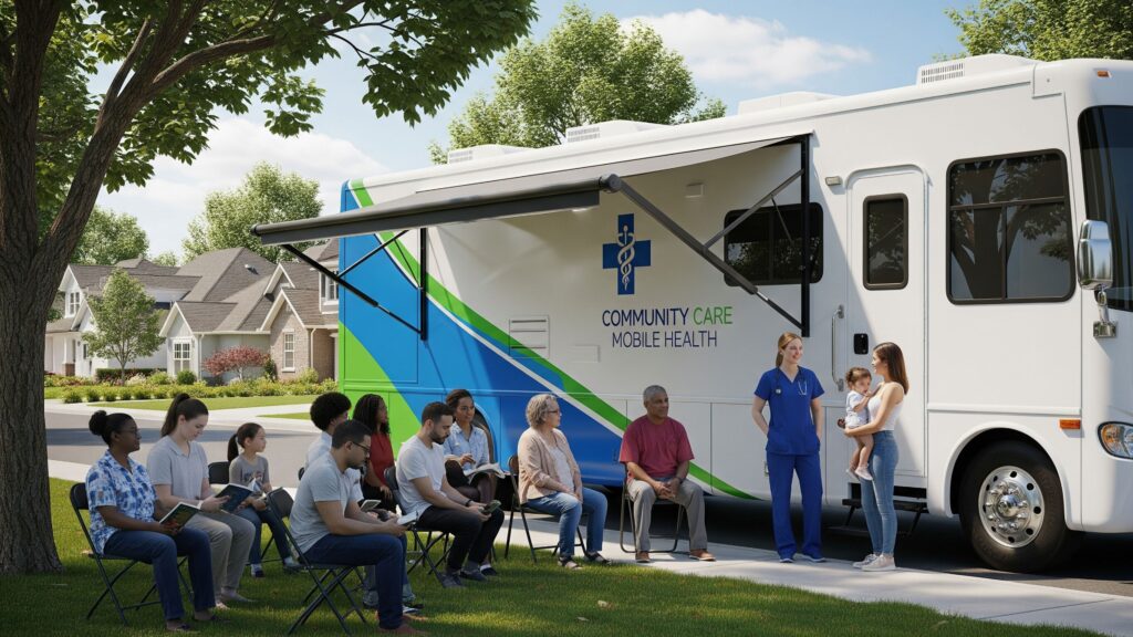 A modern mobile medical clinic from Mobile Specialty Vehicles in a suburban setting, ready to serve the community.