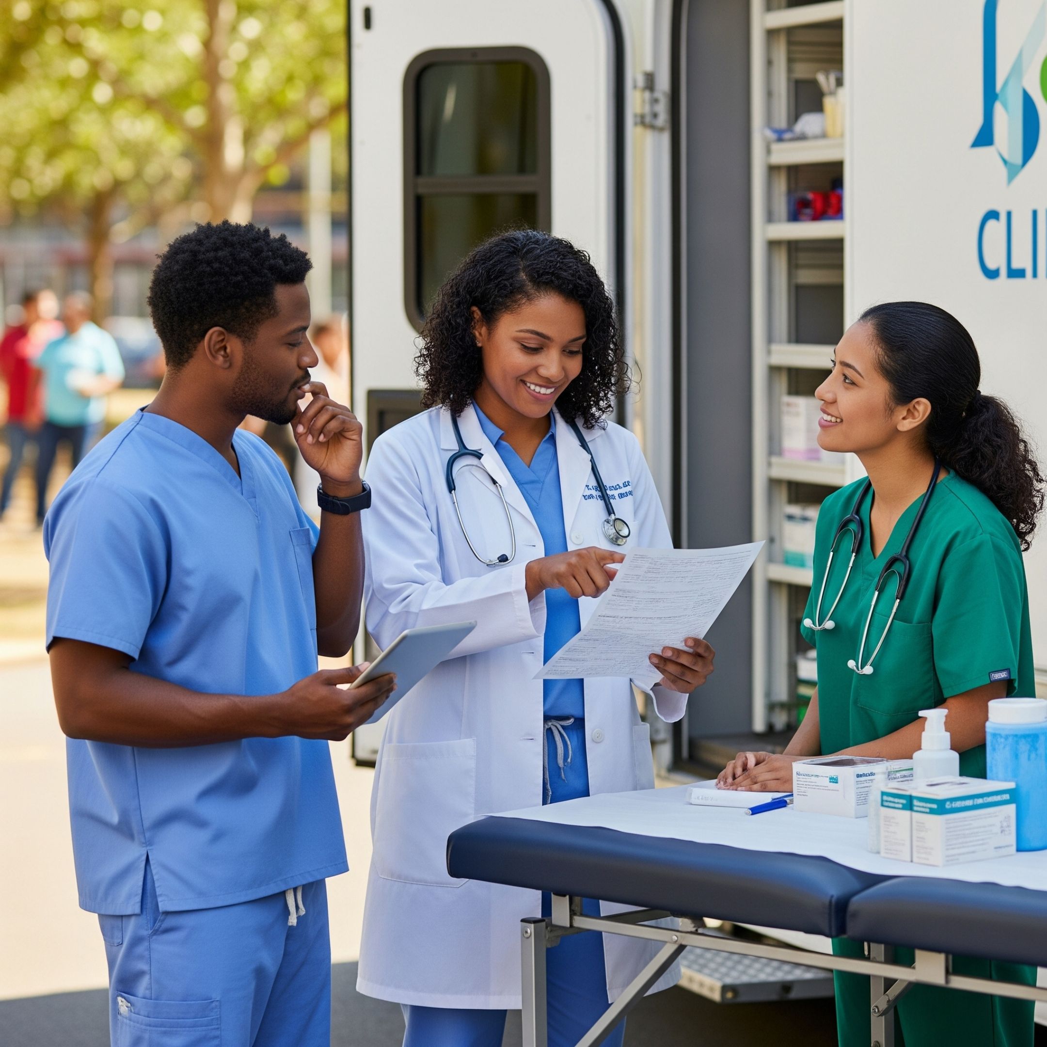 A dedicated team of healthcare professionals in front of a mobile clinic.