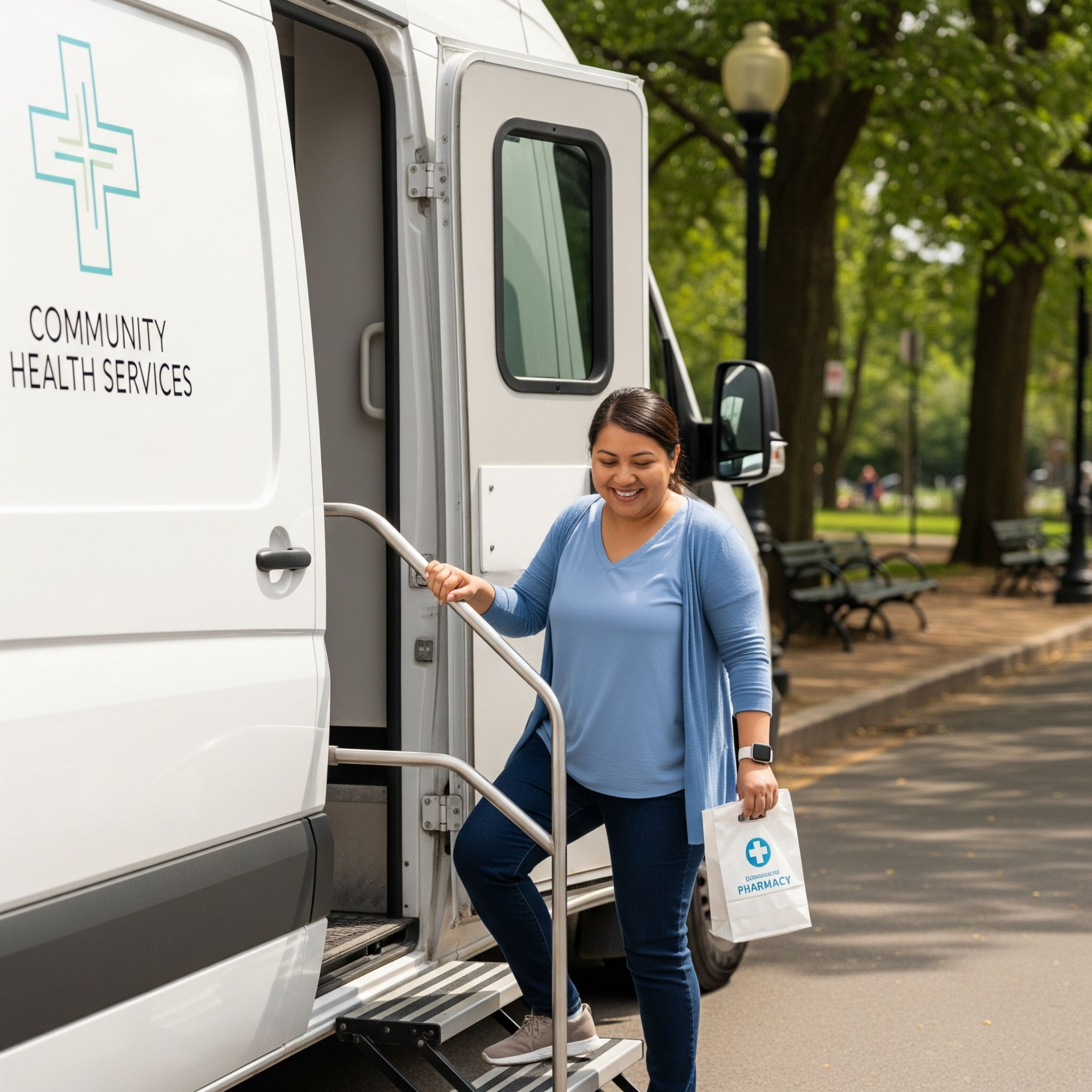 A happy patient leaves a mobile medical clinic, showing the positive impact of accessible care.