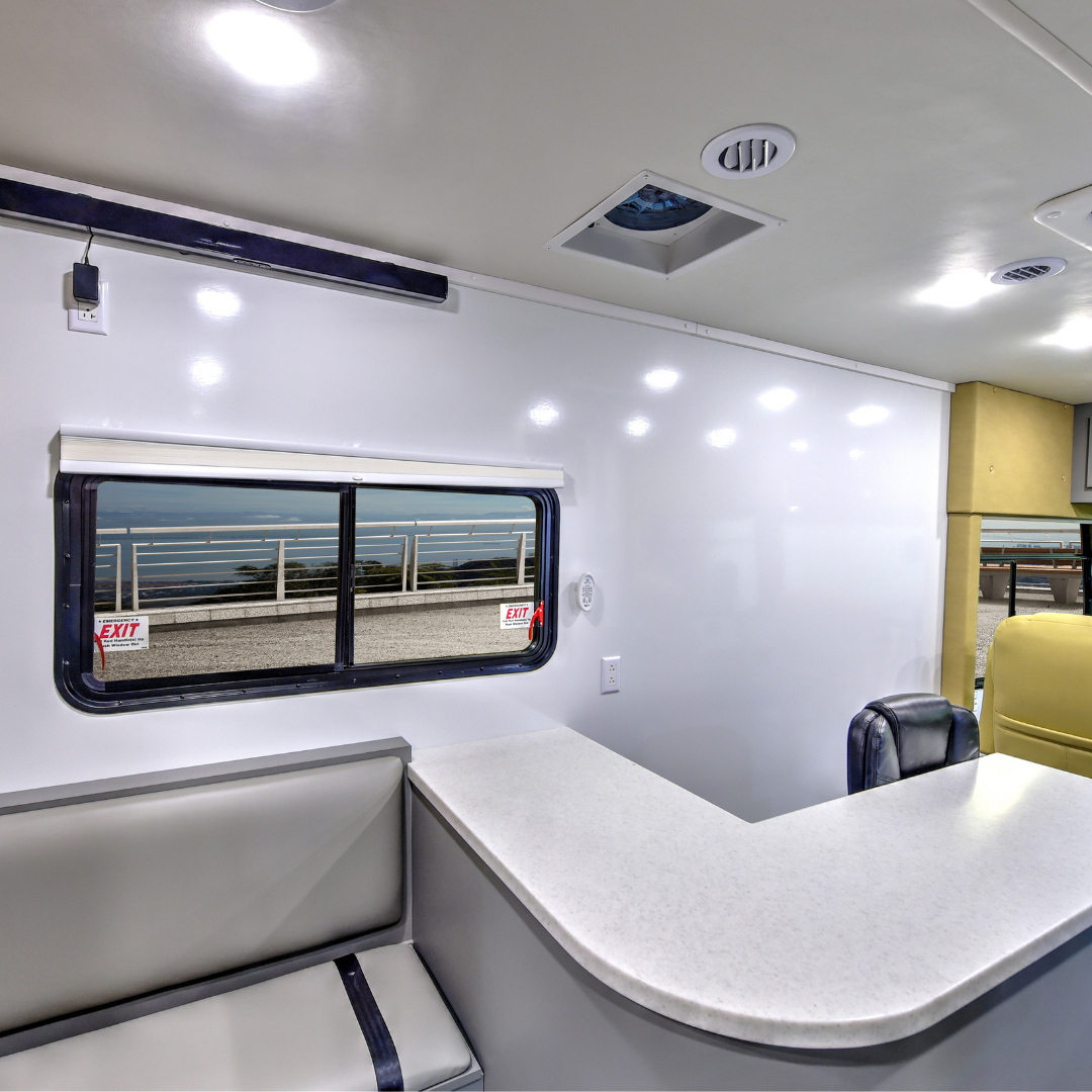 The desk area of a mobile medical vehicle